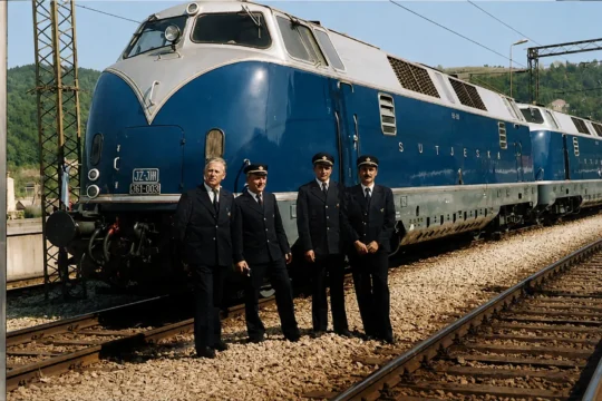 The Blue Train with its crew standing in front of it